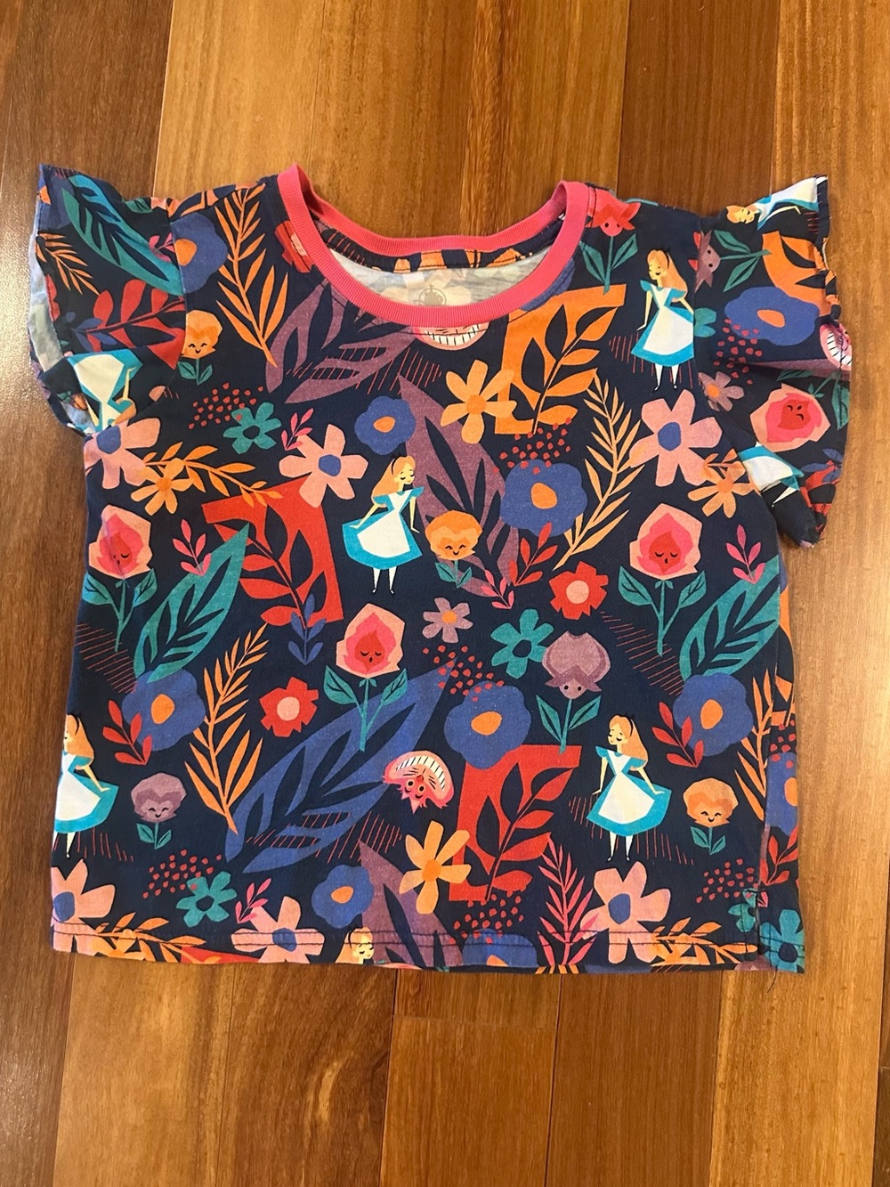 Disney Store Navy Floral Alice in Wonderland Ruffled Shirt Girls Sz M 7/8 - EUC